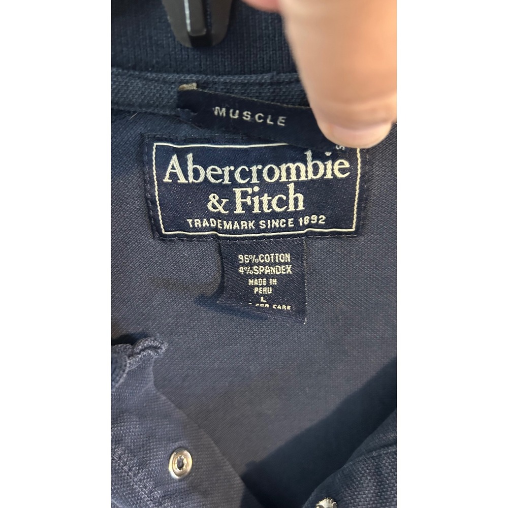 Abercrombie & Fitch Mens Muscle Fit Polo Shirt Navy‎ Blue Red Stripe Size L - Picture 2 of 7